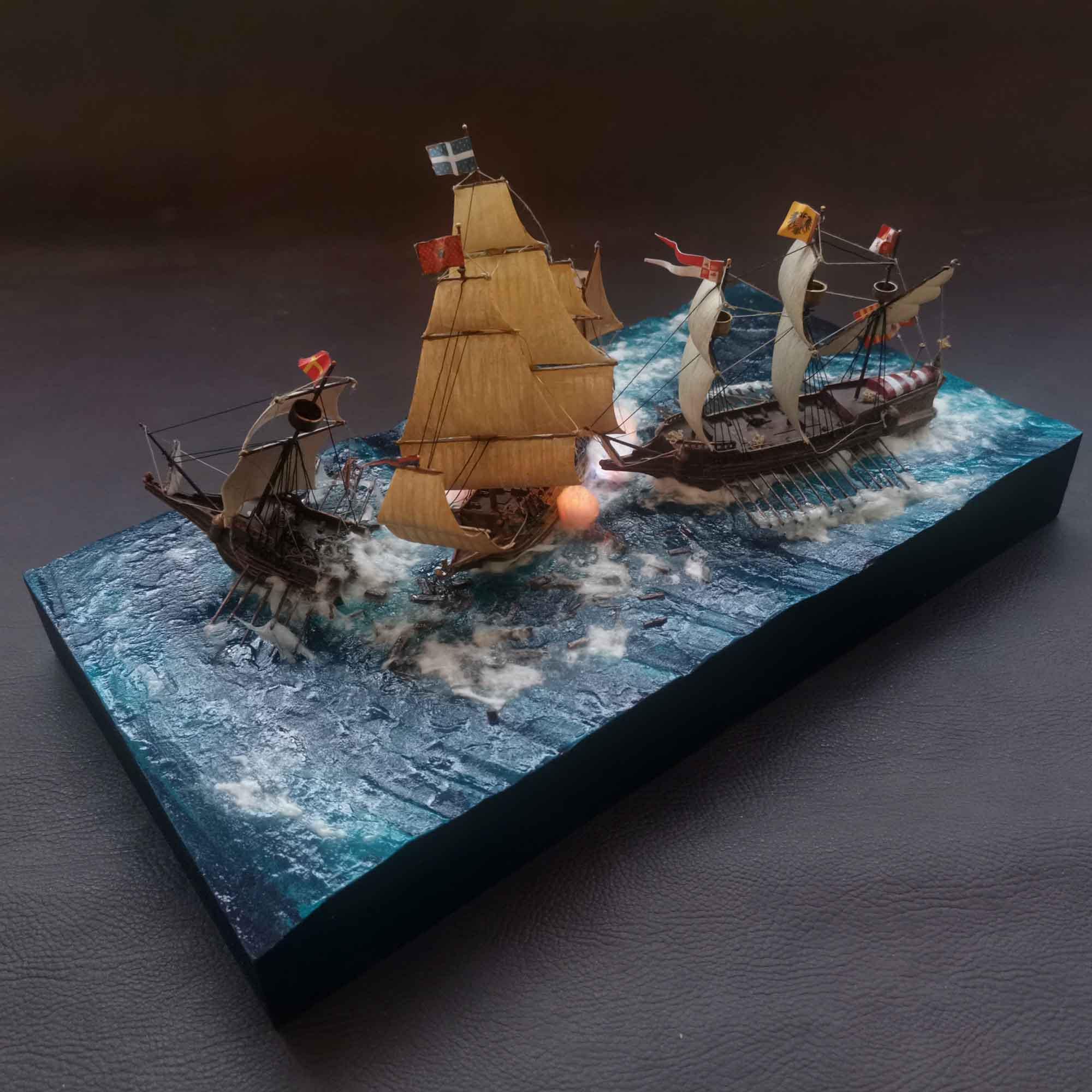 Diorama batalla naval galeones. Escala 1/450.